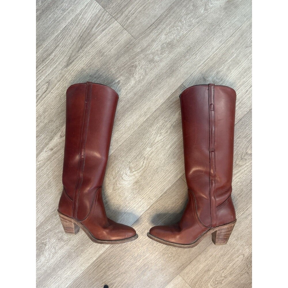 Vtg Frye 7360 Tall Riding Boots Womens 7B Red Leather Stacked Heel Dress Campus - Picture 2 of 8